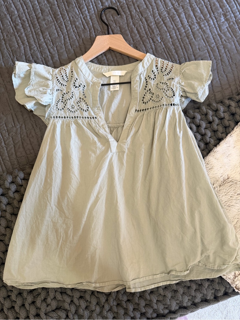 Light Sage Crochet Yoke Flutter Sleeve Top